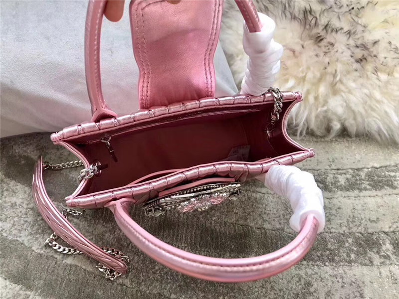 5BA081 專柜新款 MIU LADY 小羊皮 仿水晶大鉆裝飾 手提肩包 粉色