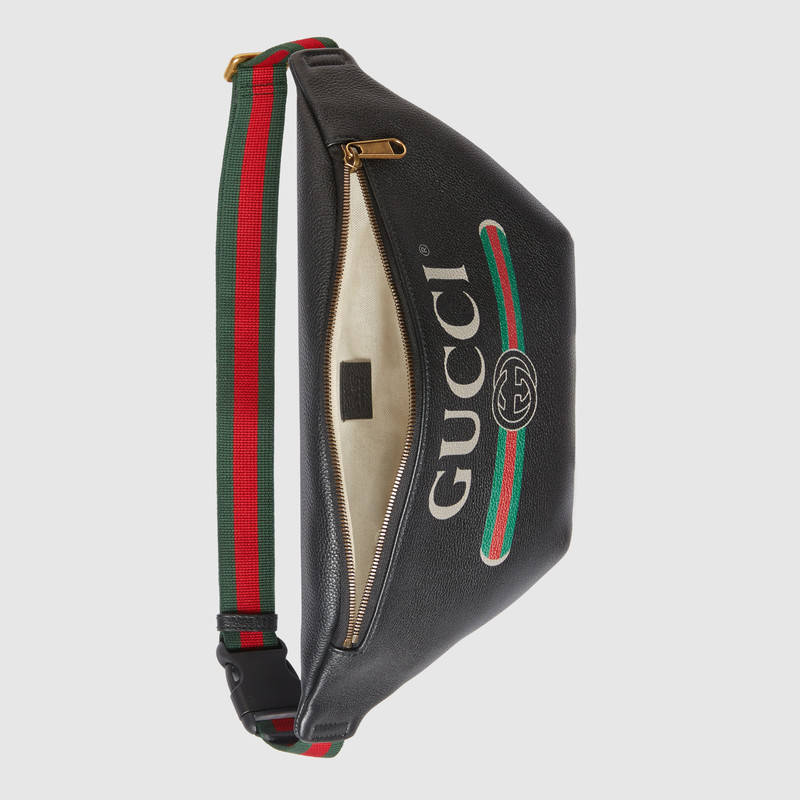 530412 Gucci標識 復古印花 織紋皮革 腰包 黑色