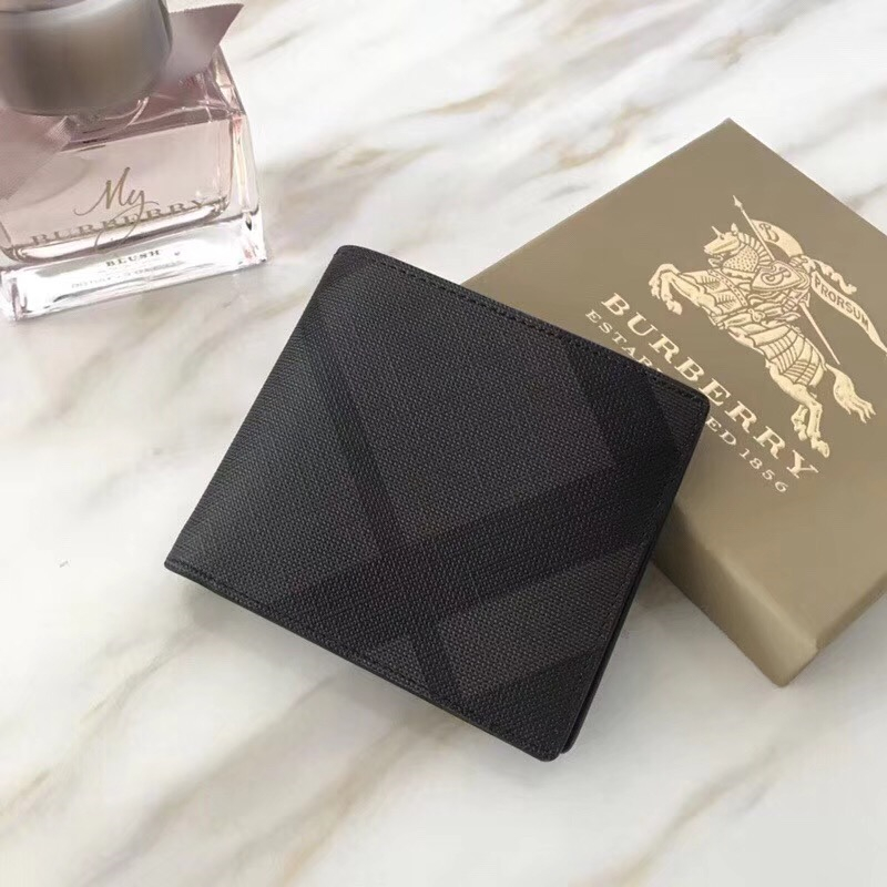 80060611 Burberry男款錢夾 London格紋拼皮革 短款 巴寶莉雙折西裝夾 啡色