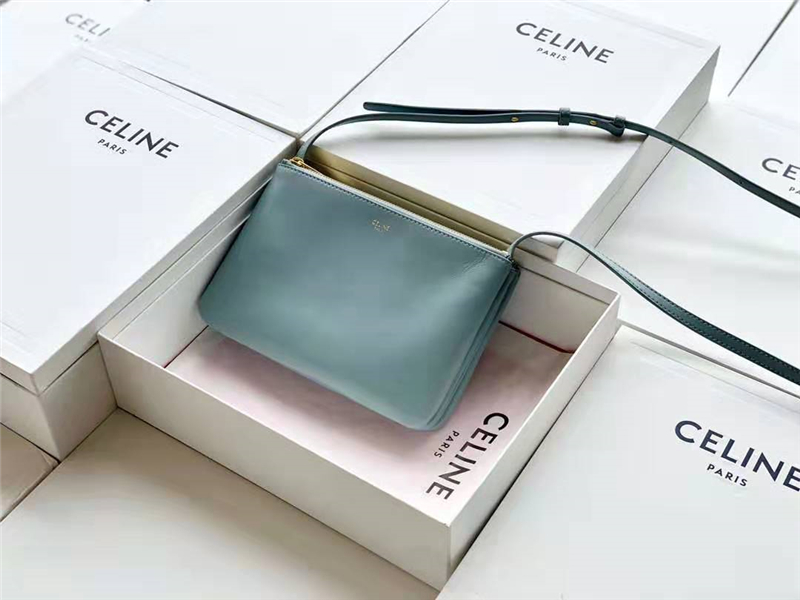 187603 Celine女包 Trio 小號 光滑小羊皮 Celine肩背包 灰藍(lán)色