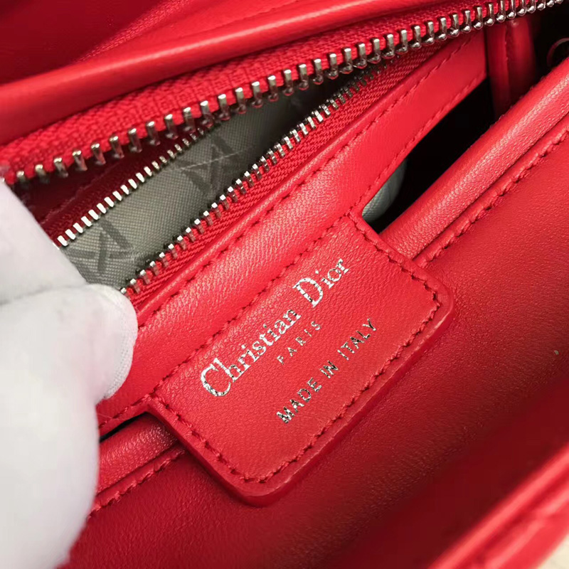 Dior迪奧 Lady Dior 經典戴妃包 五格 紅色羊皮 銀扣 小號